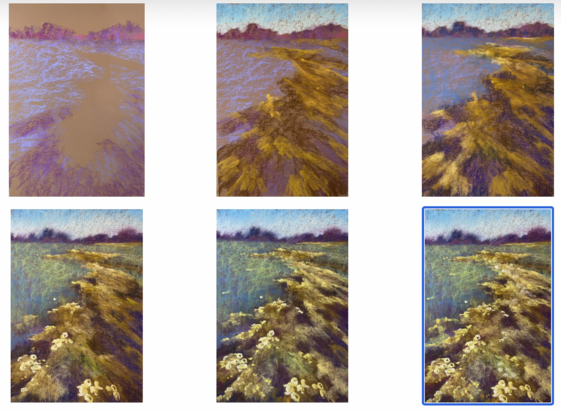 Six thumbnails of pastel painting progression. Still work-in-progress. Vertical landscape painting of a flowering meadow.
