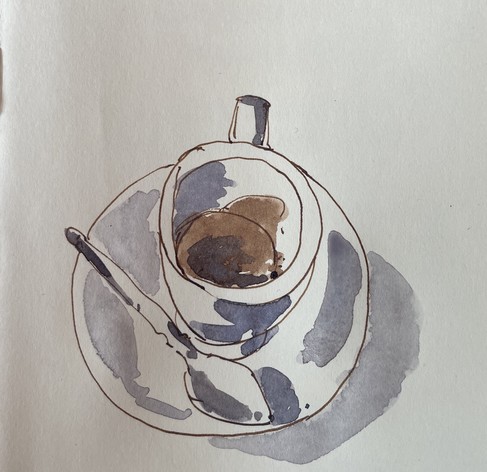 Ink and watercolor sketch of a cup of coffee 