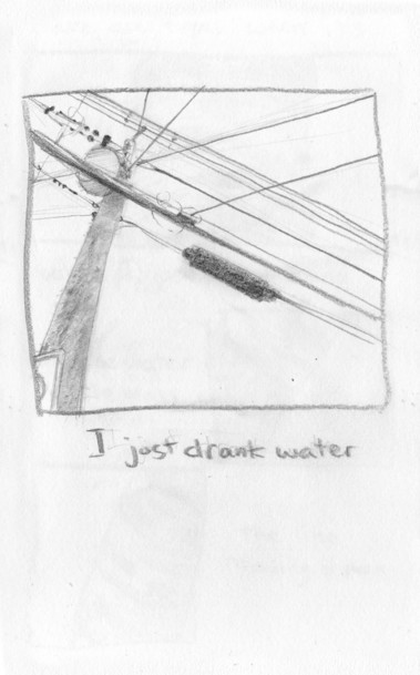 One large square panel on this page, positioned a little below the top, showing a telephone pole from below with all of the power lines and doodads connecting on the pole and then splitting off in different directions. Below, it says “I just drank water”.