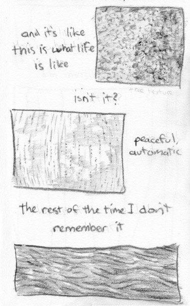 “and it’s like, this is what life is like” it says beside a detailed drawing of knobbly bark texture, and then underneath “isn’t it?” A panel of more white birch but sideways and unsplit so it’s just a bunch of dotted vertical lines curving across a surface, and under it continues “peaceful, automatic”. Between that panel and the last, it says “the rest of the time I don’t remember it”. And at the bottom of the page, another sideways bark texture, this one has dark wavy indents flowing across the page.