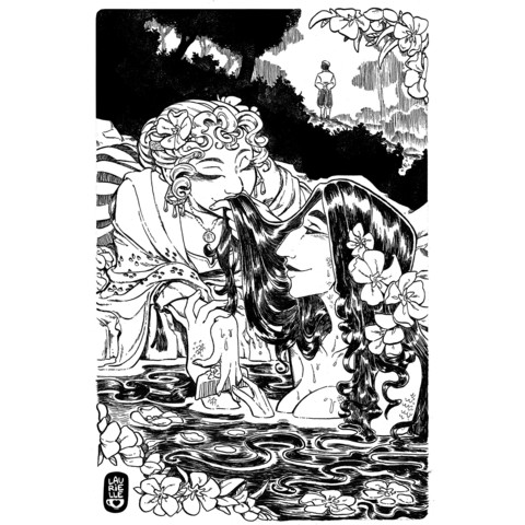 Dibujo de una mujer de pelo claro besando el cabello de otra mujer de pelo largo en un río. De fondo hay un señor de espaldas pensando en sus cosas
