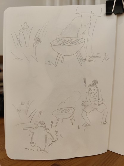 Two panel comic. The first panel shows a close up of a small grill and legs of a woman standing next to it. She is facing away from the grill. Behind her there is a penguin head peeking from the grass. On the grill there is a block of fotu and two sausages. The second panel shows a penguin running away with tofu in its beak, and the woman exclaiming in confusion and frustratation at it. 