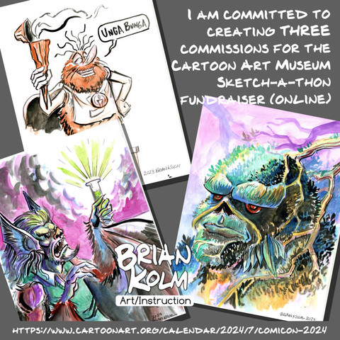 3 samples of commissioned art for the Cartoon Art Museum Sketch-A-Thon fundraiser. The samples: Captain Caveman, Man-Bat, Swamp Thing

I will be available for three more this  year.