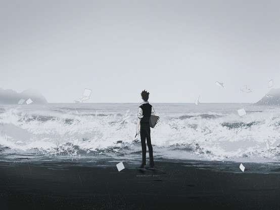 image is a digital drawing of the artist's self-insert standing upon a black sandy shore facing out to a vast, grey foggy sea. the artist is holding a large sketchbook under one arm and a dark pencil in their opposite hand. the waves crash along the beach with a cold misty spray. blank papers flicker by on the wind.