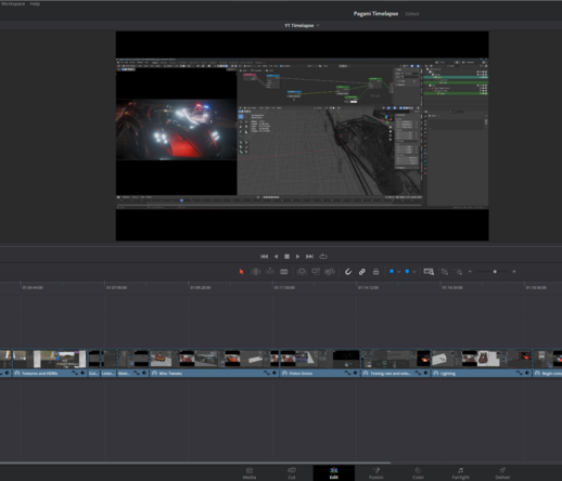 Screenshot from Davinci Resolve, showing: a WIP CG artwork of two Pagani's on a road, one a cop and one a racer.