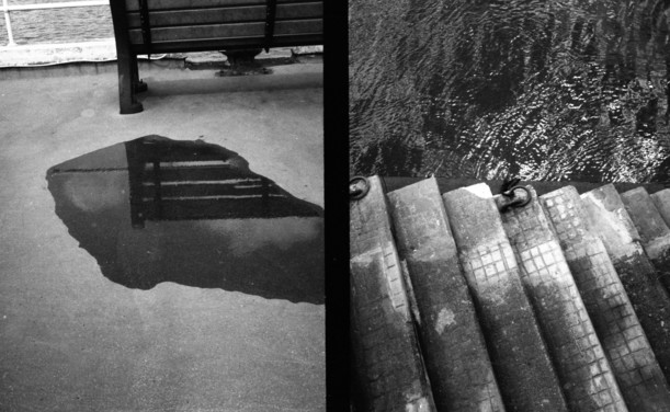 Diptych on black and white film. On the left a bench reflected in a puddle, on the right pier steps leading to the water. Although I tried to align horizontal elements I didn't quite manage it.