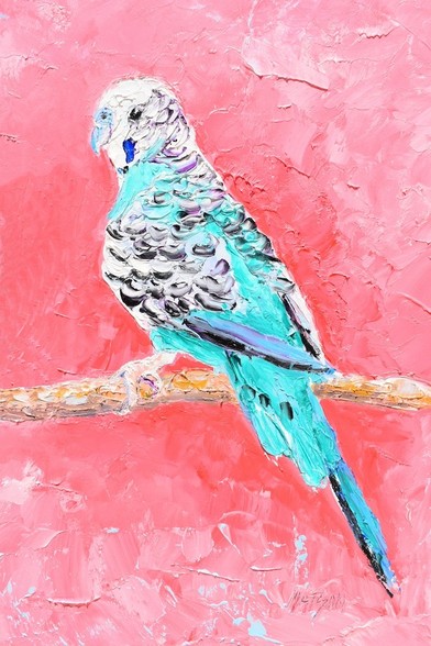 A vibrantly coloured budgerigar with turquoise and grey feathers is perched on a branch against a textured pink background.