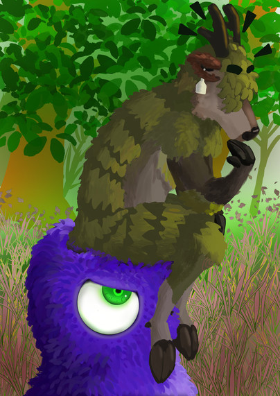 Fern the a LeafeStag rests on a fluffy lilac thingy. Some kind of shroom with fur he thinks... until that thing opens an huge and and looks at him angry