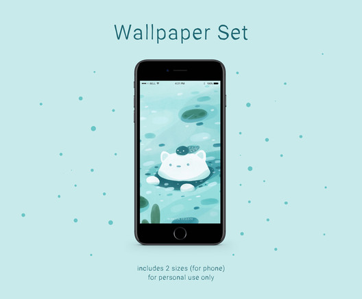 Wallpaper Set includes 2 sizes (for phone) for personal use only
A turquoise phone wallpaper with a white cat carrying a tadpole on its head through water.