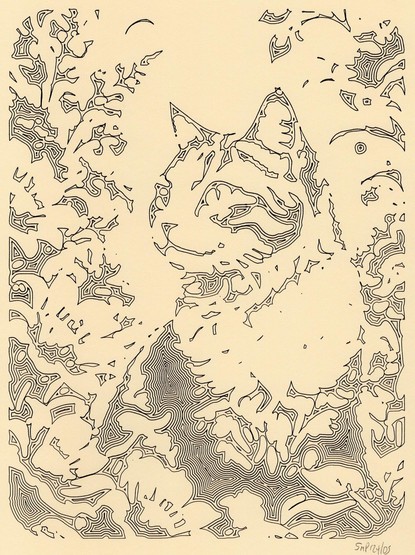 Cat facing left in garden, abstract outlines 