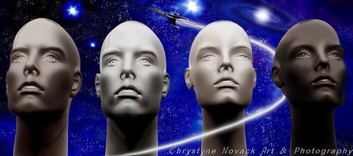 A photo-manip/digital art piece that shows a 4 head shots representing a diverse group of men and women all gazing up in the direction of space above. Behind this group of people is a background of deep space with stars, spiral galaxy and rocketship with a blazing trail behind it. See 1st comment under original post for a behind the scenes look on how I created the final work. 