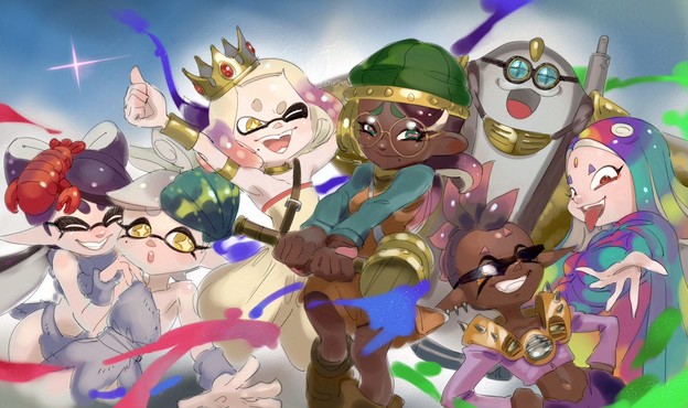 fan art of crossover between splatoon and chrono trigger. 
7 characters from splatoon pose having fun while a red star is in the distance. it's a meteor that's gonna collide with earth and wipe out the dinosaurs.

splatoon character = chrono trigger character crossover:
callie = ayla
marie = kino
pearl = marle
marina = lucca
big man = robo
shiver = mother brain
frye = johnny