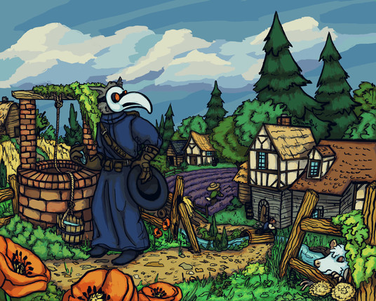 Digital illustration of an anthro cat in a plague doctor outfit standing near a brick well, pulling a water sample from it while he overlooks a small medieval village. An anthro rat kid peers at him through an overgrown fence, curious. In the background, the area is lush and full of crops and trees.