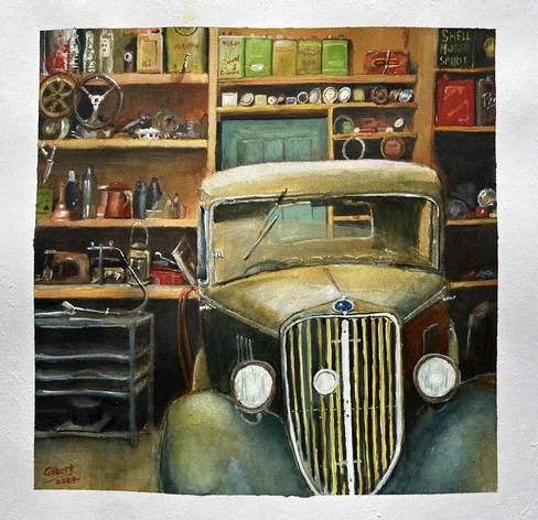 Watercolor painting of a vintage car in a cluttered garage workshop, surrounded by tools, bottles, and equipment on shelves.