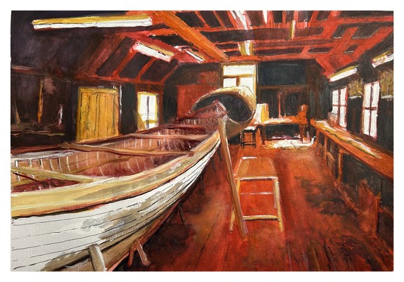 Painting of an interior workshop featuring a partially constructed wooden boat and a workbench under warm lighting.