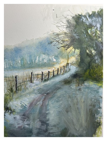 A watercolor painting of a rural landscape with a winding path, a wooden fence, and trees on a misty day.