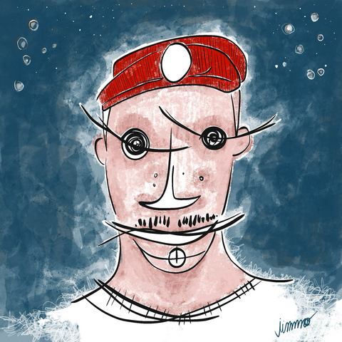 A stylized illustration of a man with a thin moustache, a red beanie hat and a white shirt on a blue background 