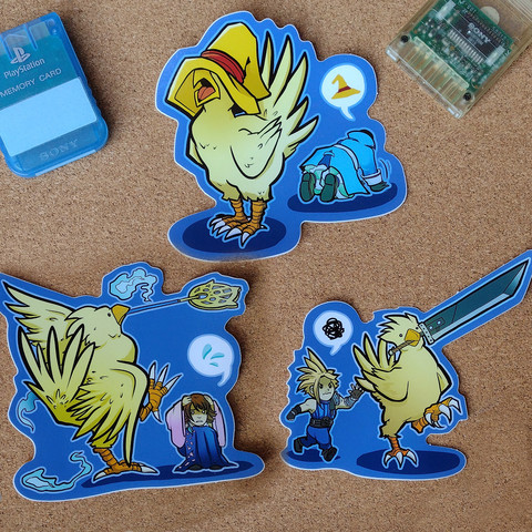 Stickers of chocobos from various PS1 games stealing hats, swords, and wands from protagonists of Final Fantasy games