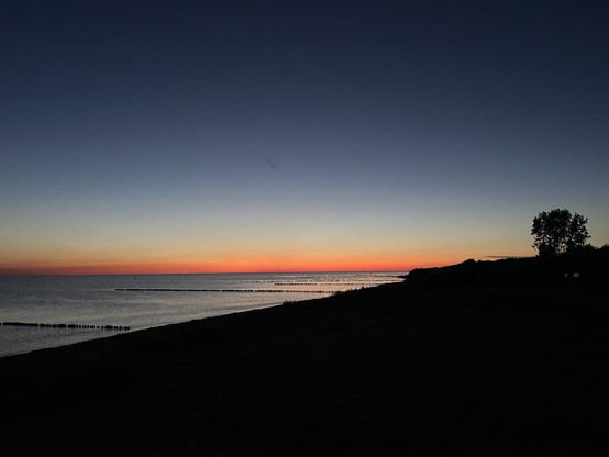 Fotovvom Sonnenuntergang am Meer, Buhnen im Wasser, rechts ein schwarzer Umriss eines Laubbaums