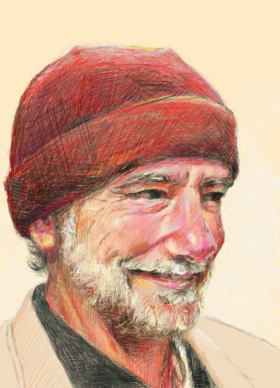Colorful crosshatch drawing of a person in a hat