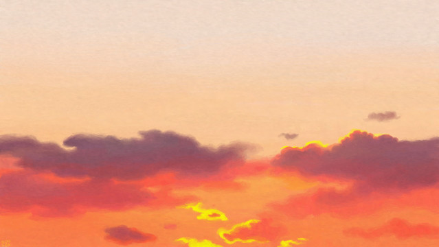 Digital painting of a sunset sky, pale yellow with purple and red clouds in the bottom half of the frame. Some of the smaller clouds are rimmed bright yellow right in the middle of the frame.