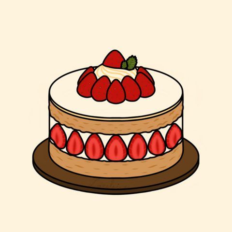 A digital illustration featuring a plate of fraisier, a creamy French cake that is decorated with strawberries.