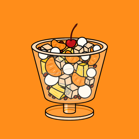 A digital illustration featuring a glass cup of mitsumame. This Japanese dessert is full of agar jelly cubes, rice flour dango, pineapple chunks, orange segments, and red field peas (all partially doused in water).