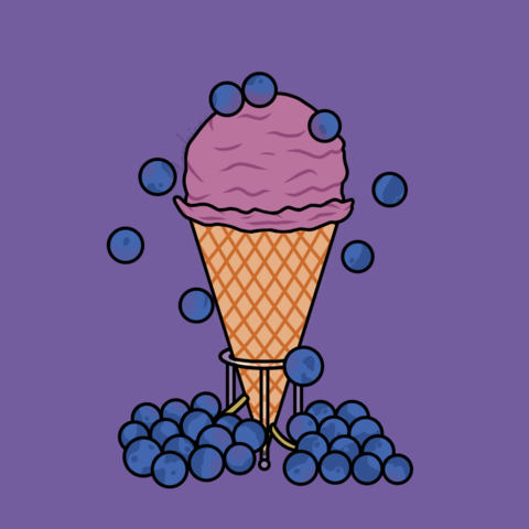 A digital illustration of purple gelato on a cone, which is placed on a small glass holder. It is topped with pieces of Nebbiolo grapes, with some of them falling down into their whole counterparts.