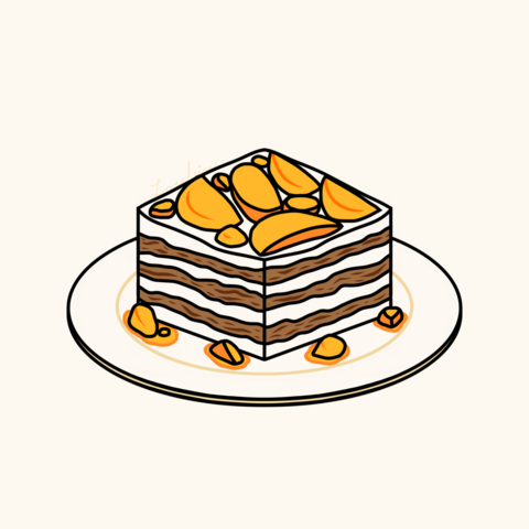 A digital illustration of a plate of mango graham cake, a creamy Filipino dessert with mango slices and crumbled graham crackers.
