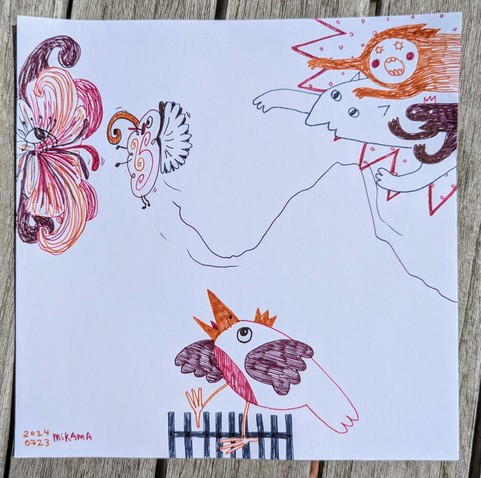 A drawing made by three different persons, thus in three different styles, with coloured ball pens. On the left there is a colourful flower being approached by a butterfly with stuck figure like arms and legs and a a big yellow trunk (drawn bymy sister Karin.) On the bottom there is a bird on a fence wearing a crown and looking alarmed maybe up to the butterfly (drawn by my sister Martina.) On the upper right there are three flying beings rushing into frame as if to stop the butterfly from meeting the flower (drawn by me.)