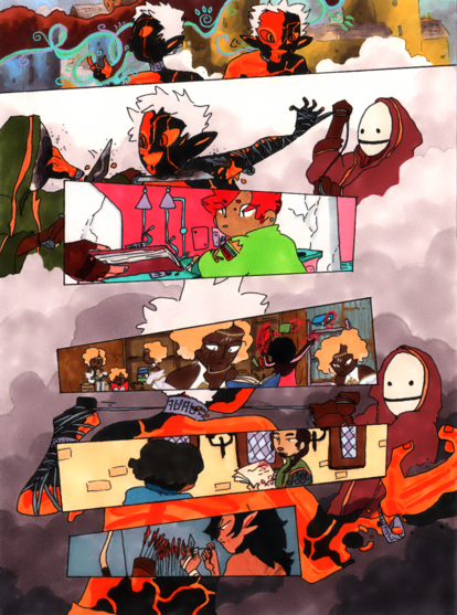 kings of sorts comic page. bon fights preachan in the background, while panels of Hana, Tera, Chaar, and Kiigari are all in the foreground, showing what they're doing at that moment.
