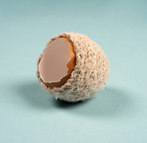 a broken brown egg shell, wrapped in natural cordage, to create a natural vessel