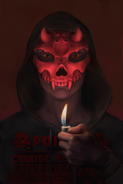 a portrait of a blue-skinned man wearing a red mask. The mask looks like a demonic skull. the man holds a lighted lighter in front of his face