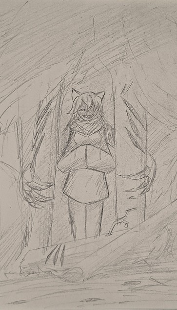 Sketch of a catgirl in the woods. A glowing eye and sharptooth grin show from her darkened face.The trees around her have claw markings etched into them. Her hands are in her sleeves, but the claws on her long second set of 