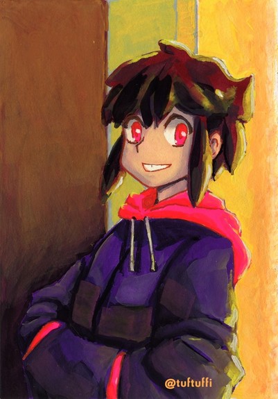 Painting of a human boy wearing a pink and blue hoodie