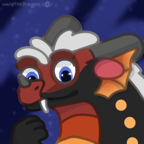 A headshot drawing of Flicker, a gray and orangey-sunset colored dragon.