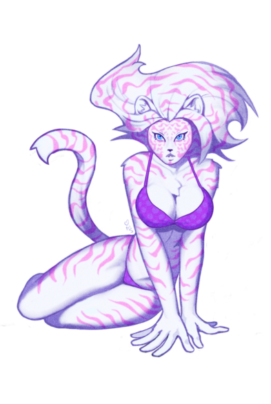 Digital painting of a tigress woman. She has white fur and hair with pink stripes, wearing a purple bikini.