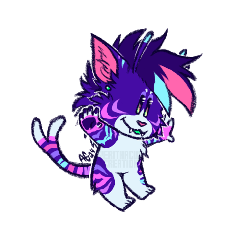 An chibi drawing of a purple and white alien cat character. They have antennae and pink and cyan streaks across their purple patches and in their hair. They are floating with their arms out to their sides.