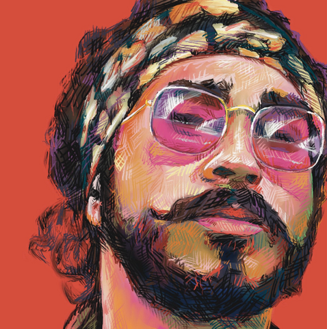 Colorful crosshatch drawing of a person in glasses with a red background