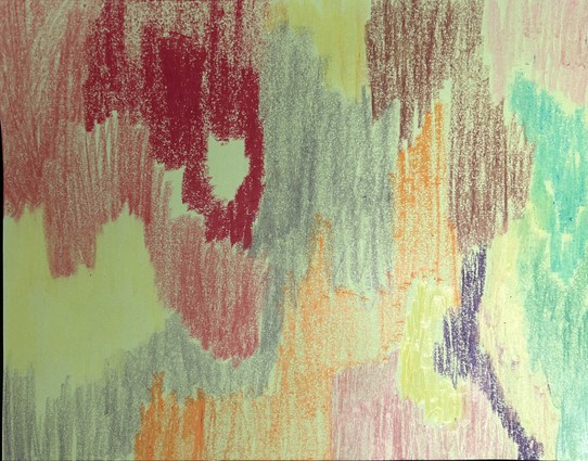 8x10 piece of yellow-green paper with abstract crayon pattern in red, yellow, gray, purple, pink, orange, brown, and green. 