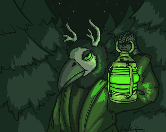Digital bust shot illustration of an anthro bird person in monochrome green, with antlers and a dead-eyed stare. He's holding a glowing green lantern, and standing in a wooded area at night.