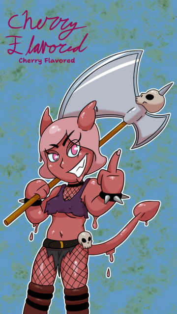 A cartoon drawing of a red demon lady made of a gelatinous substance. She's resting a giant axe over her shoulder. She's wearing a torn crop top and a skimpy loincloth. She's grinning mischievously and flashing her middle finger at the viewer.
