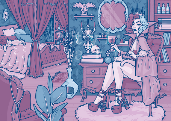 Drawing of a vampire lady sitting in a chair with two kittens in her lap sleeping, and holding a glass of blood. She's in her bedroom and there is a large bed, armchair and bookshelves in the background.