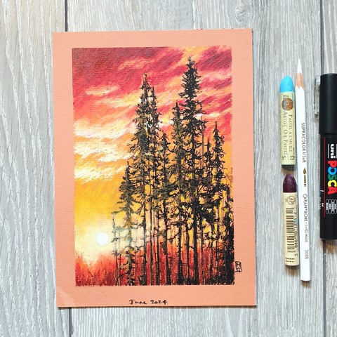 Original oil pastel painting - Sunset with Pine Trees
Materials: oil pastel, mixed media, acid free terracotta coloured pastel paper
Width: 14.5 centimetres
Height: 21 centimetres
An oil pastel painting of a red sunset with tall pine trees.