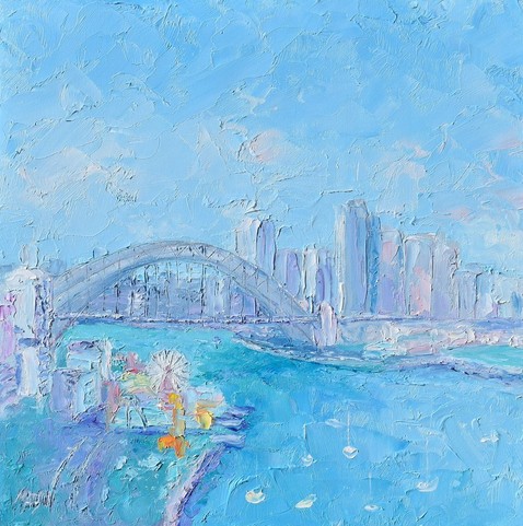 An impressionist oil painting of Sydney Harbour, the Bridge, Luna Park and Sydney skyline. 