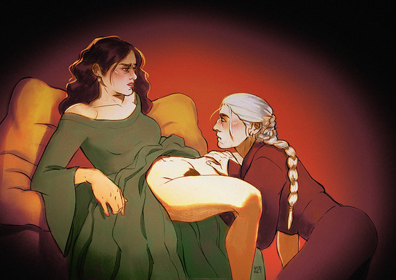 Allicent laying on a bed with her legs open and her pussy on display. Rhaenyra on her knees between Allicent legs looking at her.