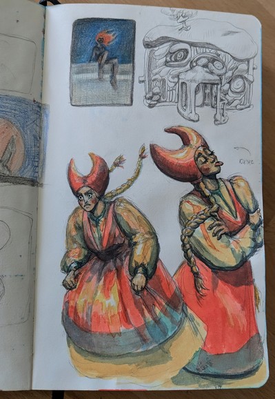 A page from my sketchbook depicting the same girl (in a somewhat traditional looking dress and horned headwear) twice, watercolor