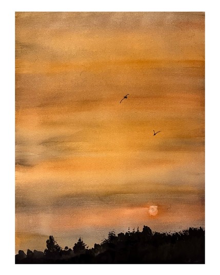 Painting of two birds flying at sunset.