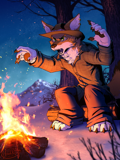 Digital art of an anthro coyote dressed in a hat, flannel, and pants, seated in front of a campfire at night, during the winter. He is leaning forward, arms raised and looking off-screen, like he is in the middle of telling a chilling tale.