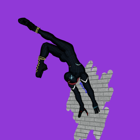 a person in a black with light blue and red detailed spider costume pushing off of a grey brick wall. their shoes have gold laces and their knuckles have red and blue knuckle dusters with claws on the thumbs.